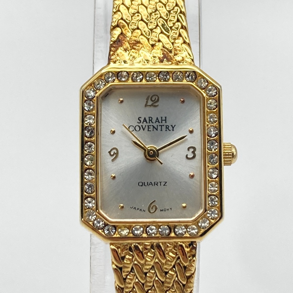 Sarah Coventry Women's Watch 18mm Gold Tone Crystals Woven Band Tank New Battery